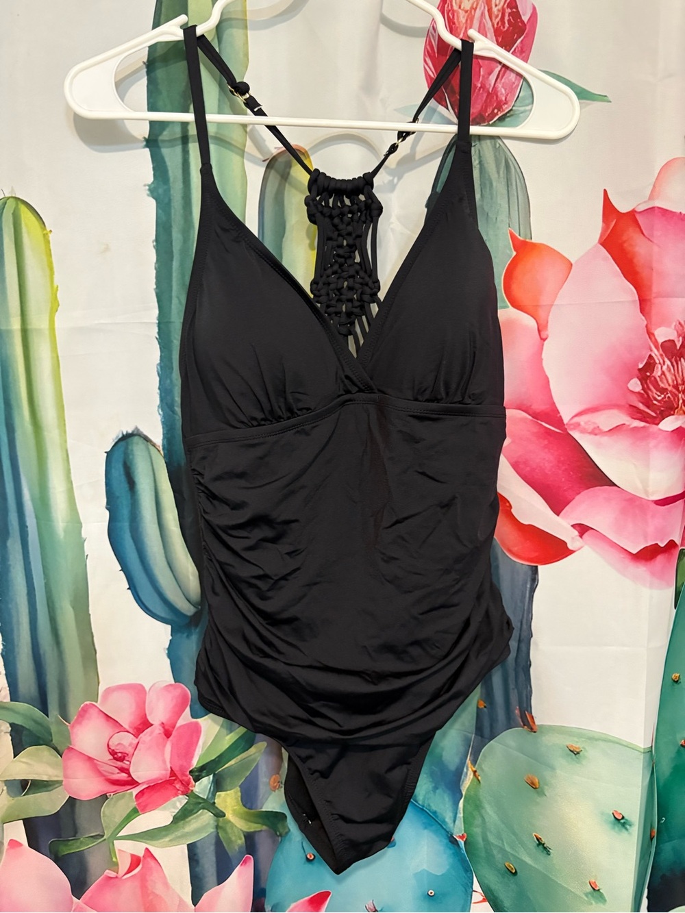 Firpearl Womens 14 Black One Piece Swimsuit Macrame Back Cup Lined Padded